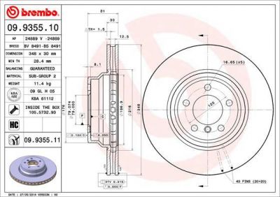 BREMBO Диск тормозной передний E65 E66 730-760 01- 348x30mm (34116750267, 09.9355.10)