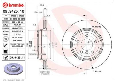 BREMBO Диск тормозной 5 E60/61 520-530 03-10 задний D=320мм. крашенные (вместо 09.9425.10) (34216772085, 09.9425.11)