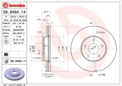 BREMBO Диск тормозной передние комплект Ford Focus II , III / Mazda 3/ VOLVO S40 II . крашенные (вместо 09.9464.14) (1320352, 09.9464.11)