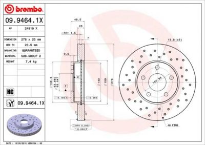 Brembo 09.9464.1X Диск тормозной ПЕРФОРИРОВАННЫЙ FORD FOCUS II/III/VOLVO S40 04- пер.вент.D=278мм.