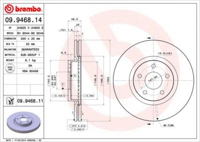 BREMBO Диск тормозной FORD FOCUS II 04>/VOLVO S40/V50 04>передний вентилируемый крашенные (вместо 09.9468.14) (1323560, 09.9468.11)