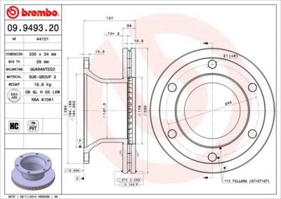 Brembo 09.9493.20 тормозной диск на RENAULT TRUCKS Midlum