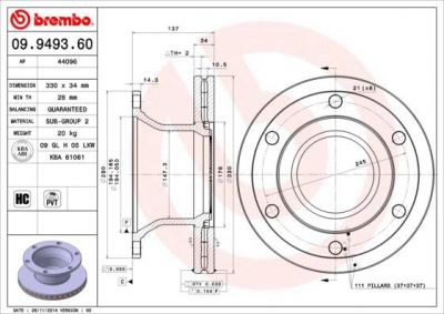 Brembo 09.9493.60 тормозной диск на RENAULT TRUCKS Midlum