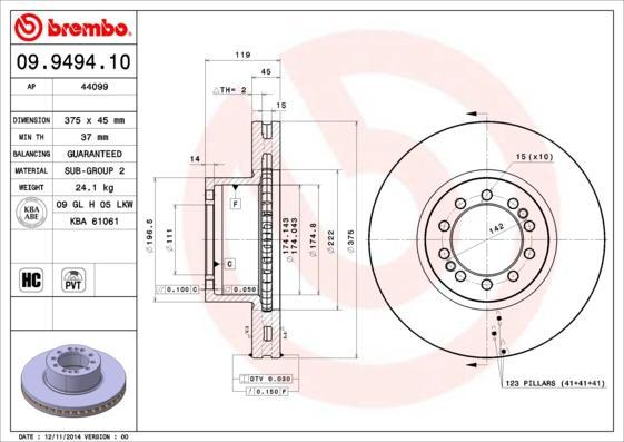 Brembo 09.9494.10 тормозной диск на RENAULT TRUCKS Midlum