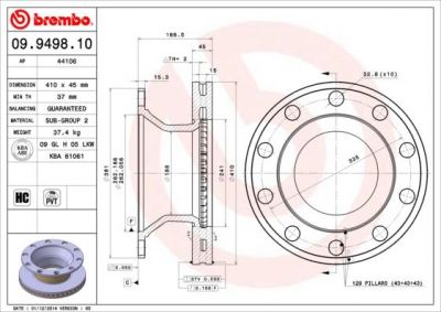 Brembo 09.9498.10 тормозной диск на RENAULT TRUCKS Midlum