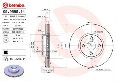 BREMBO Диск тормозной TOYOTA COROLLA (E12) 1.4-2.0 02- передний (43512-02080, 09.9559.14)