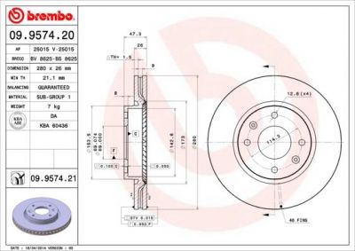 BREMBO Диск тормозной HYUNDAI ELANTRA 2.0 01-/SONATA/KIA MAGENTIS 01- передний D=280мм. (517123D100, 09.9574.20)