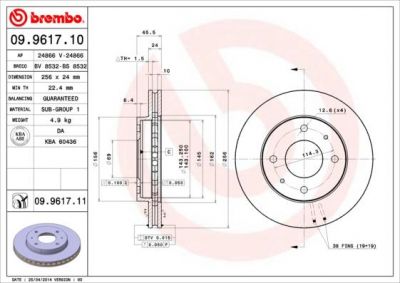 BREMBO Диск тормозной пер.вент. S40/V40 95-> 30872926 (заменен на 09.9617.11) (561926J, 09.9617.10)