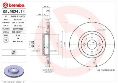 BREMBO Диск тормозной ALFA ROMEO 155 2.0i Turbo 16V Q4 (92-97) F (71739569, 09.9624.14)