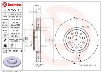 BREMBO Диск тормозной VOLVO XC90 02> R16 передний вент. D=316мм (заменен на 09.9755.11) (30736406, 09.9755.10)