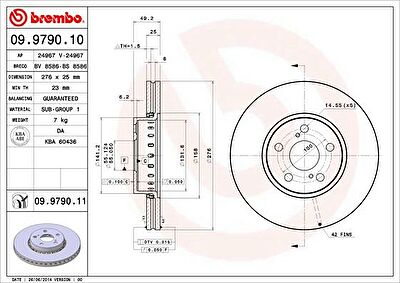 Brembo 09.9790.10 Диск тормозной TOYOTA AVENSIS 1.6-2.0 R15 07.01-02.03 передний