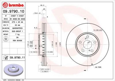 BREMBO 09.9790.11 диск тормозной передний! Toyota Avensis 1.6-2.0i/D-4D 97-03 (09.9790.11)