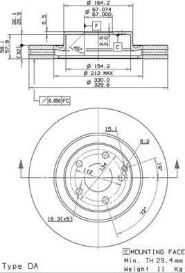 Brembo 09.9825.20 тормозной диск на MERCEDES-BENZ GLK-CLASS (X204)