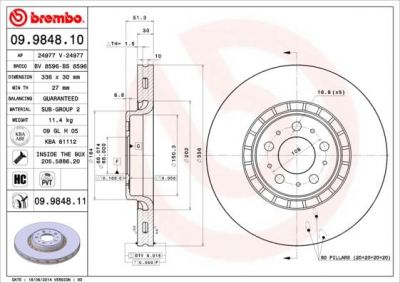 BREMBO Диск тормозной VOLVO XC90 02> R17 передний вент. D=336мм крашенные (вместо 09.9848.10) (30657301, 09.9848.11)