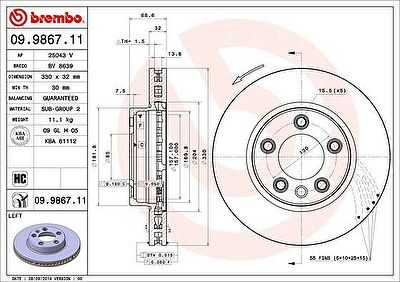 BREMBO Диск тормозной VOLKSWAGEN TOUAREG 03>/PORCHE CAYENNE 03> R17 передний лев.вент. (955 351 40 141, 09.9867.11)