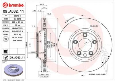 BREMBO Диск тормозной AUDI Q7 07>/VW TOUAREG 03>/PORSCHE CAYENNE передний лев.вент. (7L6615301K, 09.A062.11)