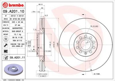 Brembo 09.A201.11 тормозной диск на AUDI A3 (8P1)