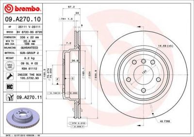 BREMBO Диск тормозной 3 E90/91/92 2.0-3.0 05-/X1 E84 3.0 09- задний D=336мм. (заменен на 09.A270.11) (3421 6 764 655, 09.A270.10)