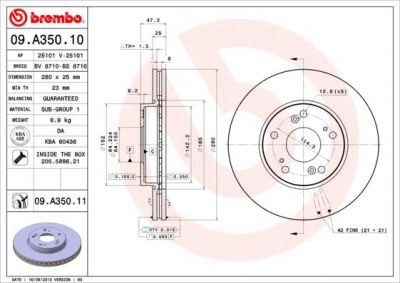 BREMBO Торм.диск пер.вент.[280x25] 5 отв.[min 2] (09.A350.10)