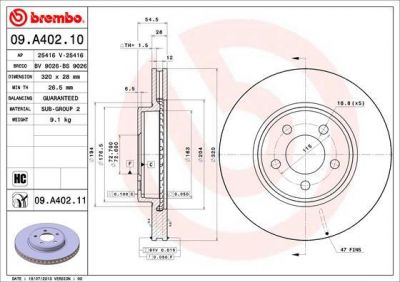 Brembo 09.A402.10 тормозной диск на CHRYSLER 300 C Touring (LX)