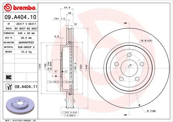 Brembo 09.A404.10 тормозной диск на CHRYSLER 300 C Touring (LX)