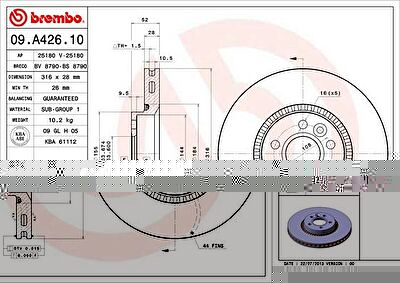 BREMBO Диск тормозной вент. передний VOLVO XC70 II (08/07-) F (заменен на 09.A426.11) (LR000470, 09.A426.10)