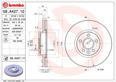 BREMBO Диск тормозной передний вентилируемый Ford Mondeo IV крашенные (вместо 09.A427.10) (1500158, 09.A427.11)