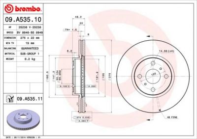 BREMBO 09.A535.11_диск тормозной передний! с покрытием Toyota Yaris 1.0 05> (09A53511)