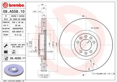 Brembo 09.A558.11 Диск тормозной CITROEN C5 09-/PEUGEOT 508 10- передний D=340мм.