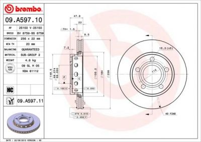 BREMBO Диск тормозной вент. задний VW PASSAT Variant (3B6) (11/00-08/05) R (8D0615601D, 09.A597.10)