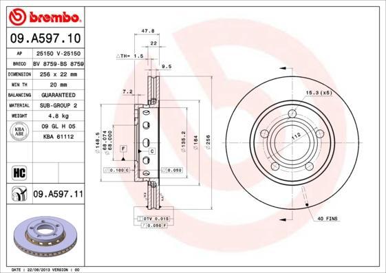 BREMBO Диск тормозной вент. задний VW PASSAT Variant (3B6) (11/00-08/05) R (8D0615601D, 09.A597.10)