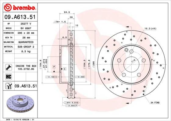 BREMBO Торм.диск пер.вент.[295x28] 5 отв.[min2] (09.A613.51)