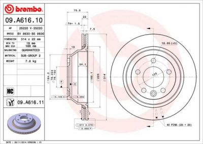 BREMBO Диск тормозной Volkswagen MULTIVAN V (7HM, 7HN, 7HF, 7EF, 7EM, 7EN) 1.9 TDI (09.A616.10)