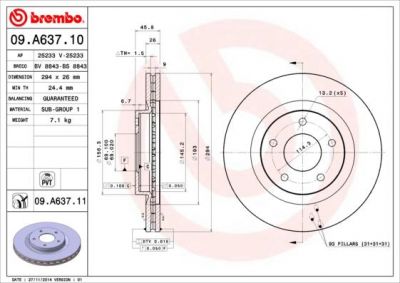 BREMBO 09.A637.11_диск торм.пер!с пок.Chrysler Sebring/Avenger/Caliber,Jeep Compass/Patriot 1.8-2.4CRD 06> (09A63711)