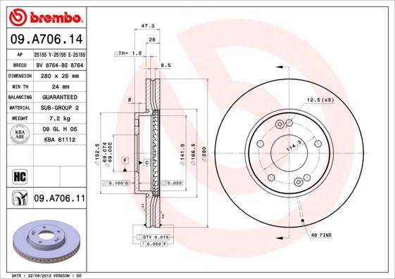 BREMBO 09.A706.11 диск тормозной передний! с покрытием Kia Carens 1.6i CVVT/2.0CRDi 06> (09.A706.11)