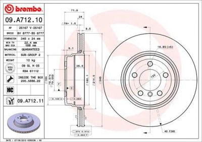 BREMBO Диск тормозной зад. 7 (E65,E66) (заменен на 09.A712.11) (34216765889, 09.A712.10)