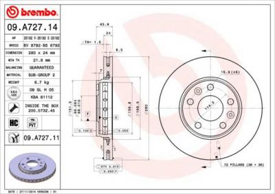 BREMBO 09.A727.11_диск тормозной передний! с покрытием Renault Duster/Megane 1.2-2.0/1.5D-1.9D 08> (09A72711)