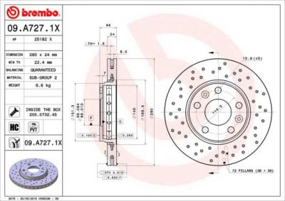 BREMBO Диск тормозной DACIA: DUSTER 10-, RENAULT: FLUENCE 10-, LAGUNA III 07-, LAGUNA III Grandtour 07-, MEGANE CC 10-, MEGANE III Grandtour 08-, MEGANE III Наклонная (09.A727.1X)