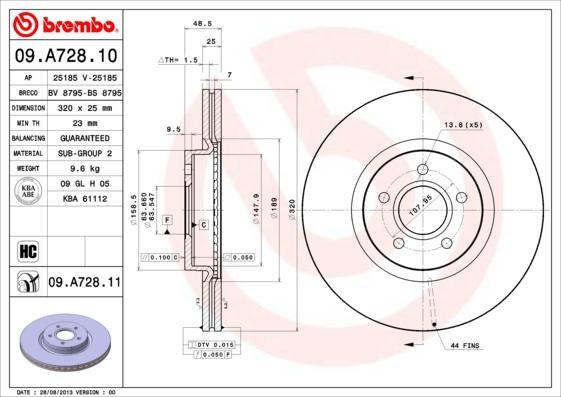 BREMBO Диск тормозной вент. передний VOLVO V50 (MW) (04/04-) F крашенные (вместо 09.A728.10) (1323560, 09.A728.11)