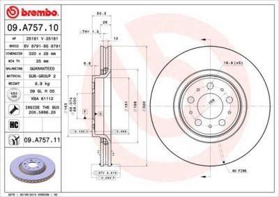 BREMBO Диск тормозной вент. передний VOLVO XC70 CROSS COUNTRY (03/00-) F (заменен на 09.A757.11) (9475266, 09.A757.10)