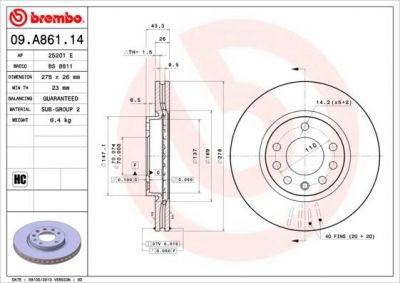 BREMBO Диск тормозной вент. передний OPEL CORSA D (07/06-) F (5569026, 09.A861.14)