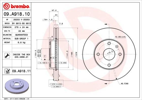 BREMBO Диск тормозной вент. передний CHEVROLET EPICA (KL1_) (01/05-) F (96329364, 09.A918.10)