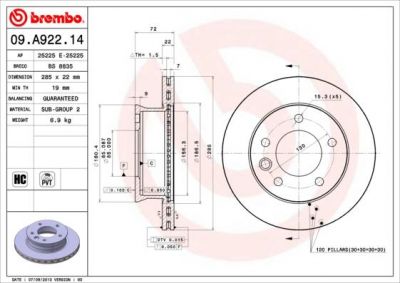 BREMBO Торм.диск пер.вент.[285x22] 5 отв.[min 2] (09.A922.14)