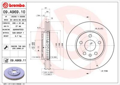 BREMBO Диск тормозной вент. передний OPEL Insignia ( 6.10->) F (569421, 09.A969.10)