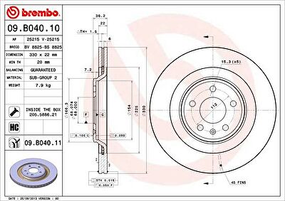 BREMBO Диск тормозной вент. задний AUDI Q5 (8R) ( 8.09->) R (8K0 615 601 C, 09.B040.11)