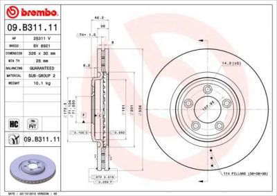 BREMBO 09.B311.11 диск тормозной передний! Jaguar XJ 8 3.2/4.0 97> (09.B311.11)