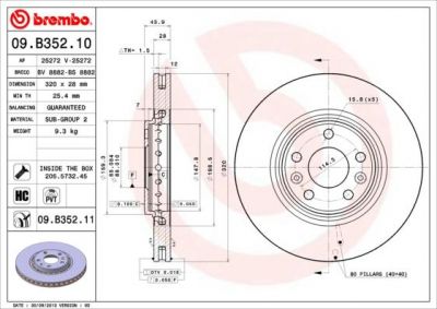 BREMBO Диск тормозной RENAULT: GRAND SCENIC III 2.0 dCi/2.0 dCi 09-, LAGUNA III 2.0 GT/2.0 dCi/2.0 dCi/2.0 dCi GT/3.0 dCi/3.5 V6 07-, LAGUNA III Grandtour 2.0 GT/2.0 dCi/2. (09.B352.11)