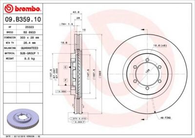 BREMBO Диск тормозной HYUNDAI: TERRACAN 2.5 D/2.5 TD/2.9 CRDi 4WD/3.5 i V6 4WD 01-06 (09.B359.10)