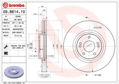 BREMBO 09.B614.10 диск тормозной передний! Kia Sorento, Hyundai Santa Fe 2.0-2.4i/CRDi 09> (09.B614.10)