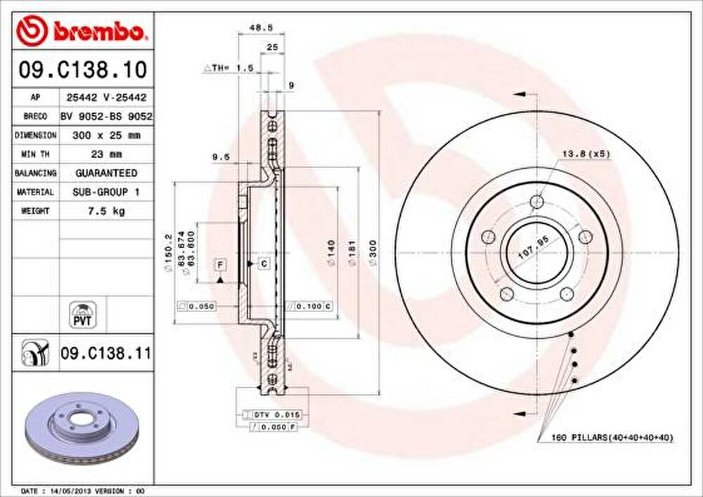 Brembo 09.C138.10 тормозной диск на VOLVO C30